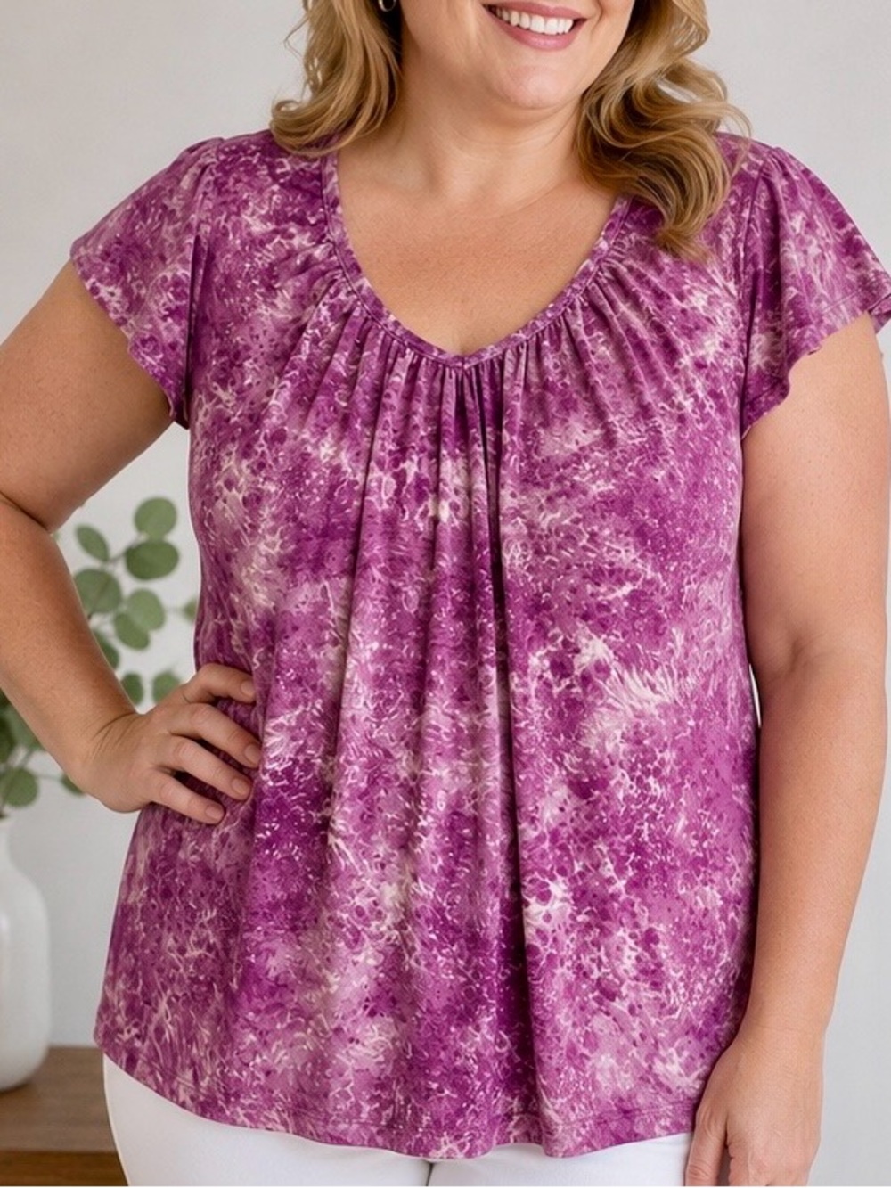 Talbots 1X Purple Mauve Abstract Print Pleated Neck Flutter Sleeve Top
